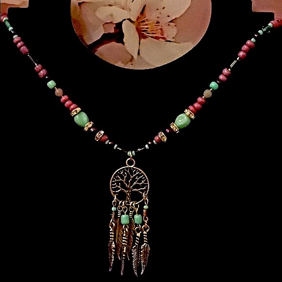 Tree of Life with Feathers and Shine Dreamcatcher Handcrafted Diffuser Necklace - Picture 2 of 2